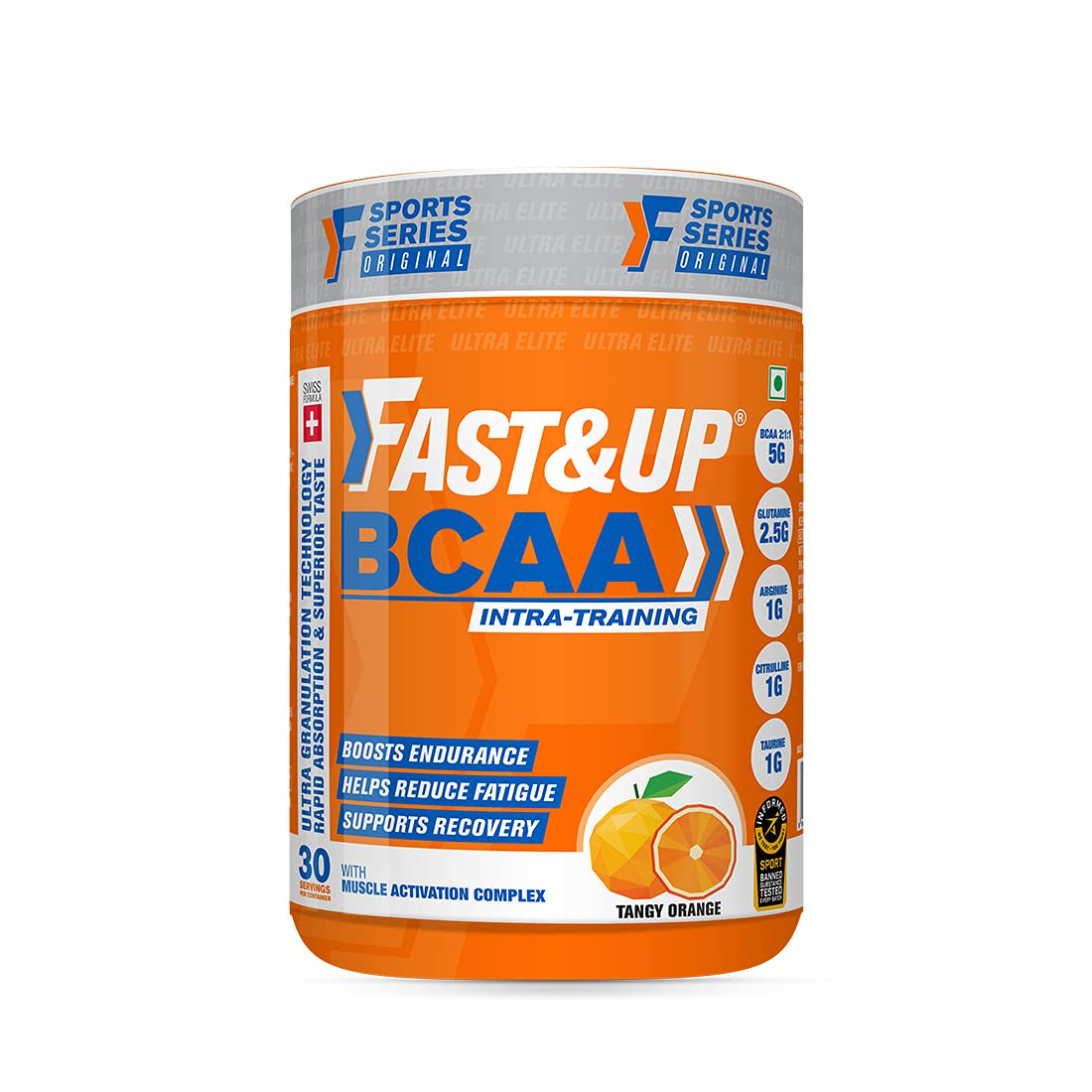 Fast&Up BCAA Advanced Intra-Training Fuel for Improved Muscle Recovery & Endurance, Informed Sports Certified, 2:1:1 BCAA with added Glutamine, Citrulline | 450 gms, 30 Servings, Orange Flavour |