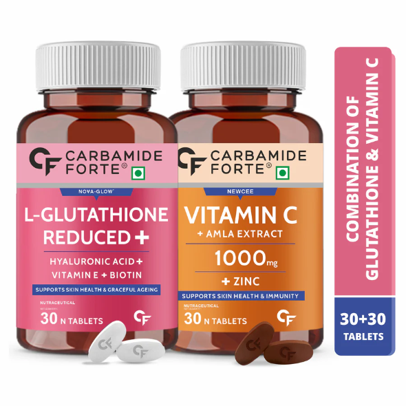 Carbamide Forte Japanese Reduced L Glutathione 500mg Tablets with Vitamin C from Amla Extract Combo Pack for Skin Health 30N Tablets 30 servings